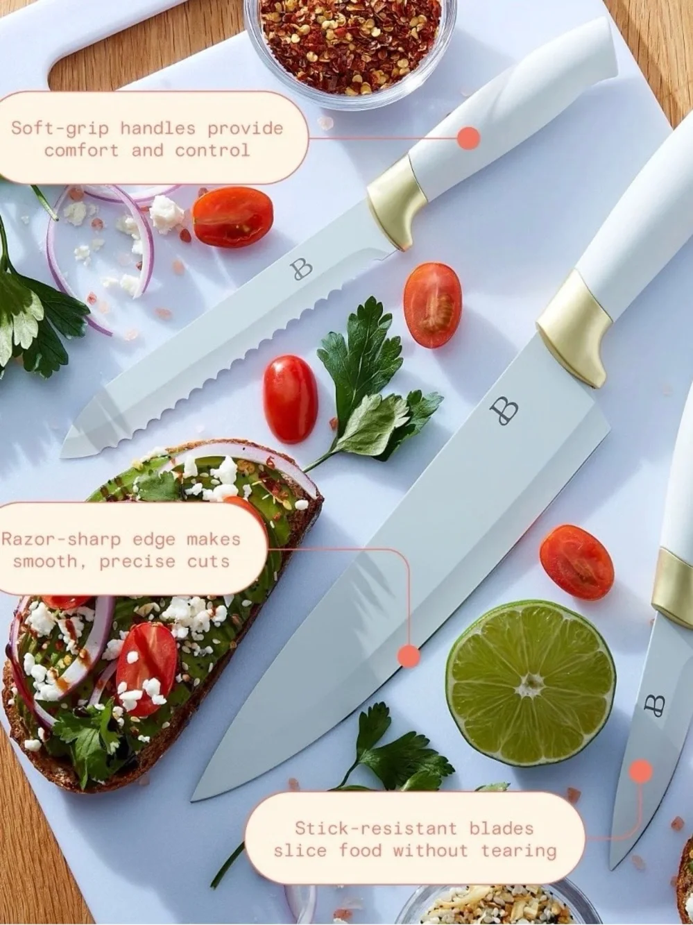 New Beatiful White & Gold 3-Piece Kitchen Knife Set